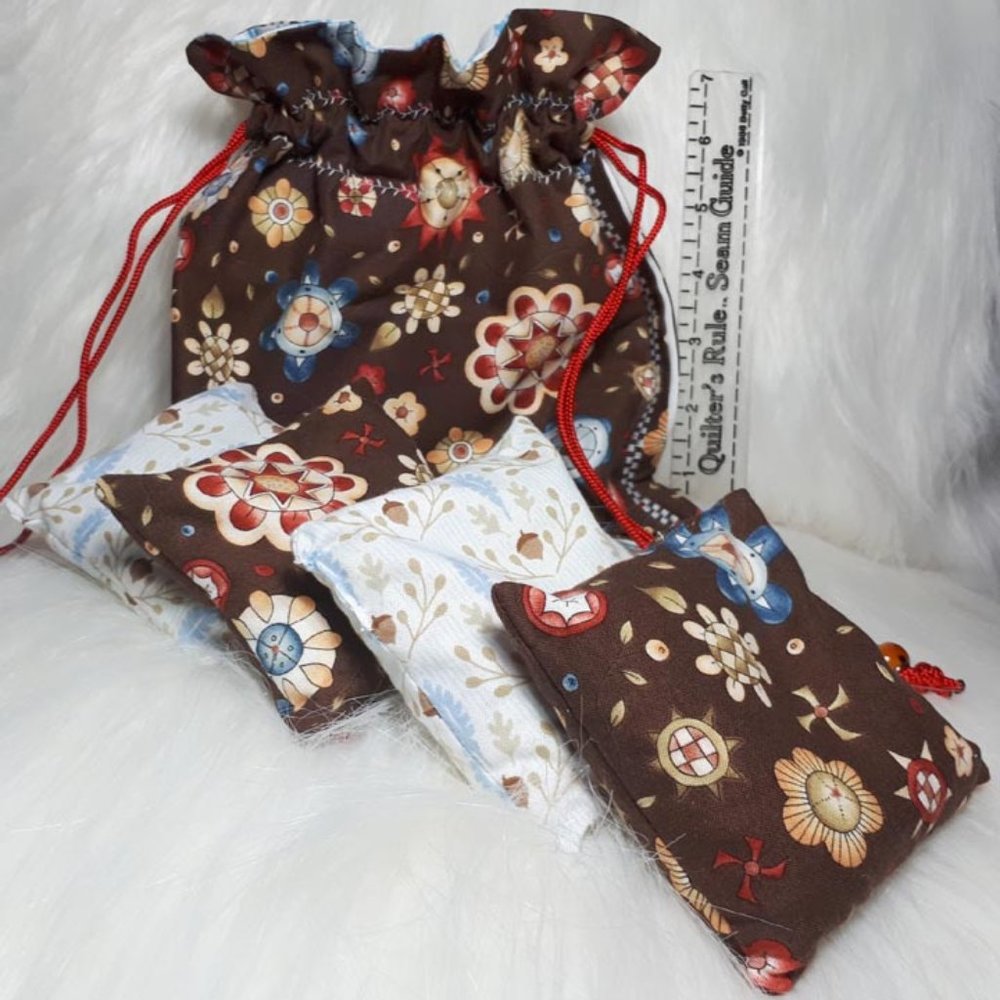 Handmade. Browns and blue cottons, set of 4 beanbags. New!